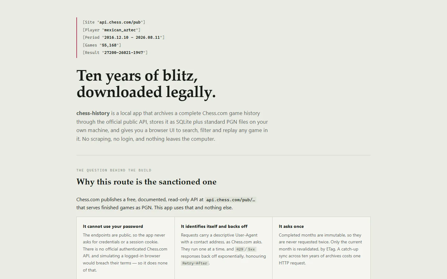 Portada del informe de chess-history: bloque de etiquetas PGN con 55,168 partidas registradas y el titular «Ten years of blitz, downloaded legally».
