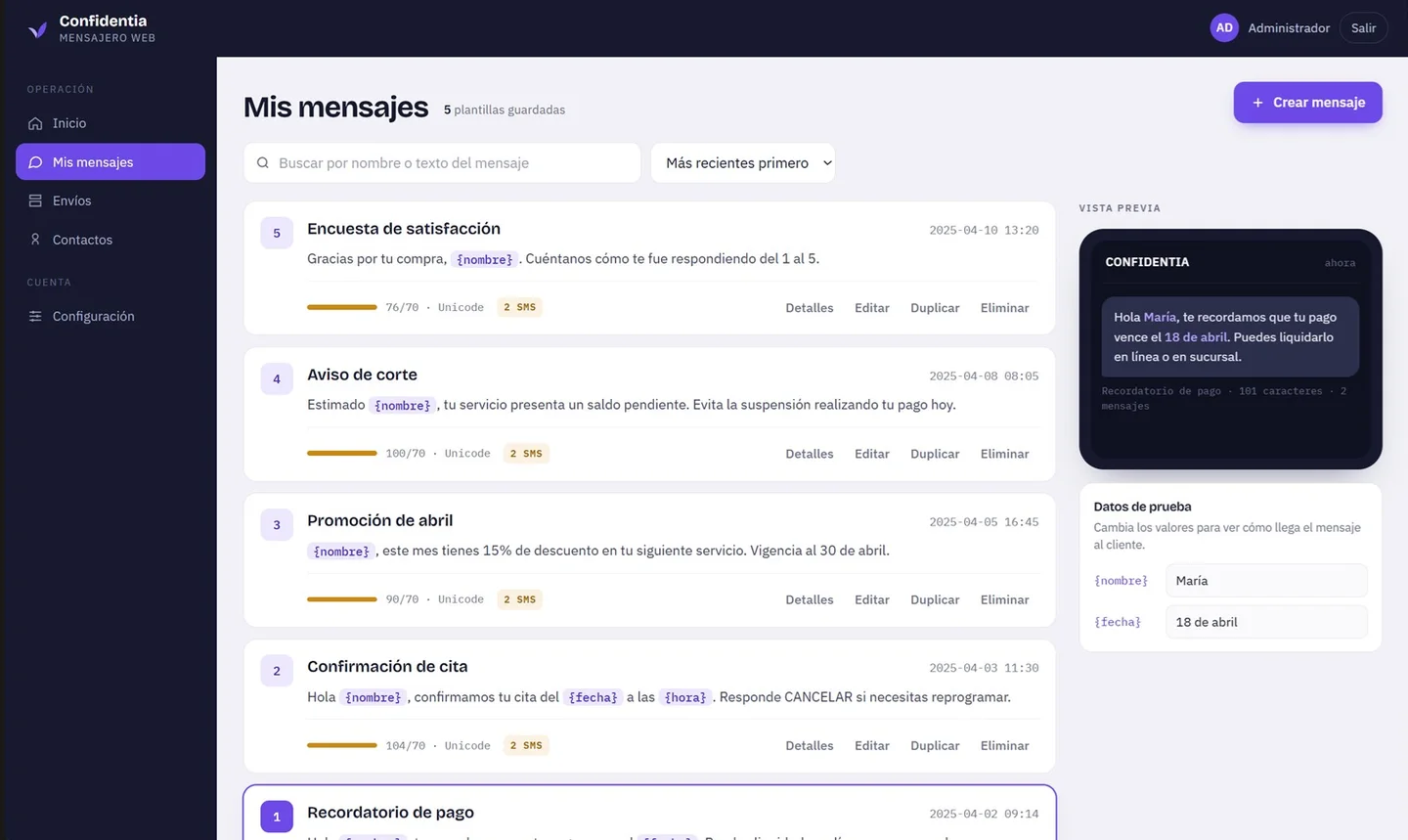 Pantalla «Mis Mensajes» del Mensajero Web de Confidentia: tabla de plantillas de SMS con nombre, texto, fecha y acciones de detalle, edición y borrado.